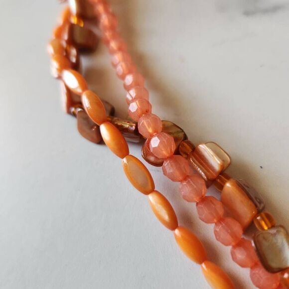 Orange bead necklace coral beach y2k 3 strand large circle pendant sun tropical - Picture 3 of 5